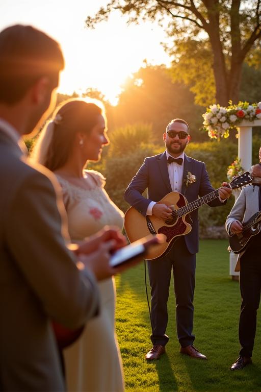 Ritmos Itinerantes tocando en una boda al aire libre en un jardín.